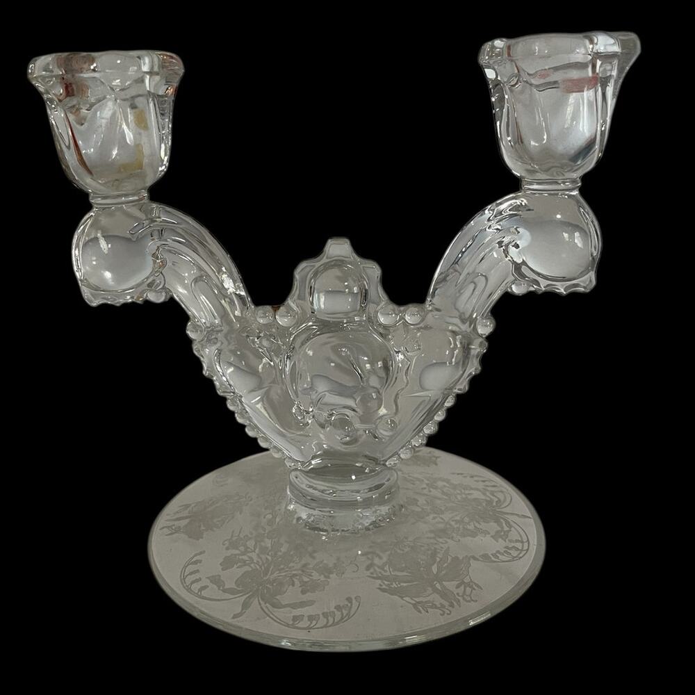 Vintage HEISEY Eternal Orchid Pattern Etched Crystal Double Light Candleholder